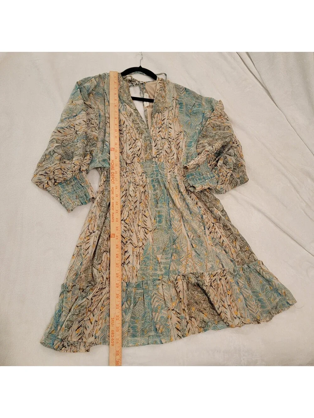 Lovestitch Boho Mini Dress Open Back Gold Foil Split Sleeve Smocked Blue M